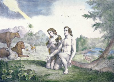 Adam og Eva i Edens have, slutningen af det 19. århundrede (farvegravering) af French School