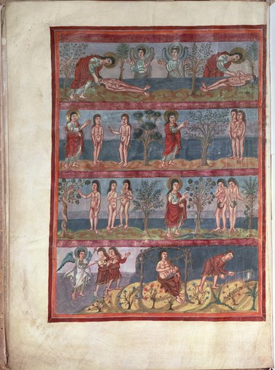 Add.10546 f.5v Adam og Eva, fra Moutier-Grandval Bibelen, belyst i den karolingiske kloster St. Martin, Tours, latin, c.834-843 (vellum) af French School