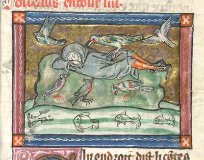 Ein schlafender Mann umgeben von Vögeln, Illustration aus 