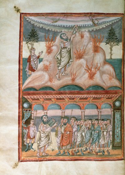 Tilføj 10546 f.25b Moses, der modtager og transmitterer Guds lov på Sinai-bjerget, fra Moutier-Grandval-bibelen, oplyst i det karolingiske kloster St. Martin, Tours, ca. 834-843 (vellum) af French School