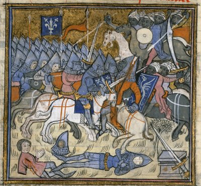 Tilføje. 15269, f.124v Crusaders, der kæmper mod Saracens, illustration fra 