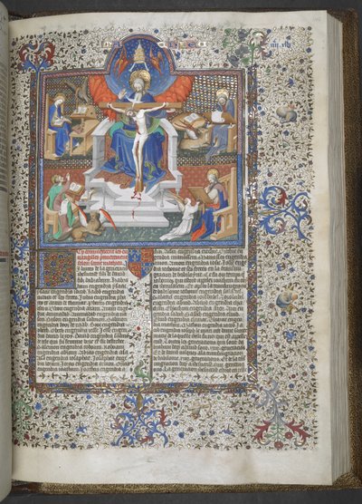 Tilføj 18857, f.148 Treenigheden og de fire evangelister (vellum) af French School