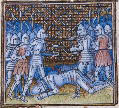 Tilføje. 38659 fol.170 Sir John Chandos død. Et middelalderslag, belysning fra 