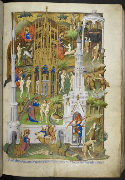 Tilføj Ms 18850 f.14r scener fra skabelsen og syndefaldet, Adam og Eva og deres sønner, Kain og Abel, fra Book of Hours (The Bedford Hours) c.1410-30 (blæk, farve og guld på vellum) af French School