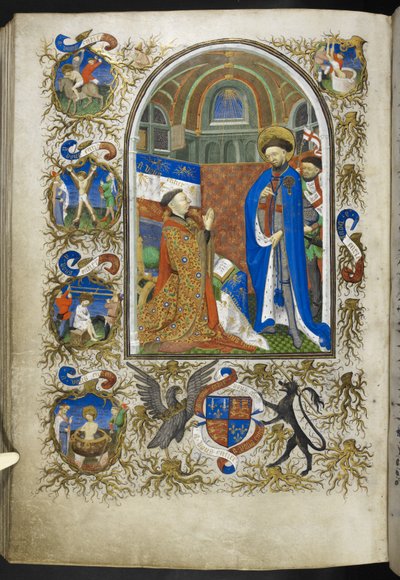 Tilføj Ms 18850 f.256v, Duke of Bedford before St George, fra Book of Hours (The Bedford Hours) c.1410-30 (blæk, farve og guld på vellum) af French School