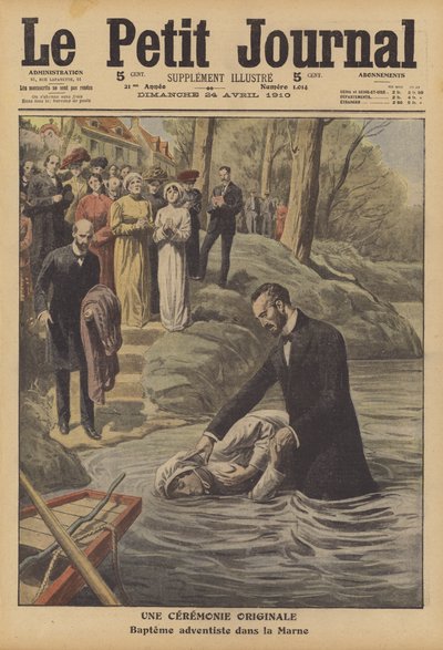 Adventistdåb i floden Marne (farve litho) af French School