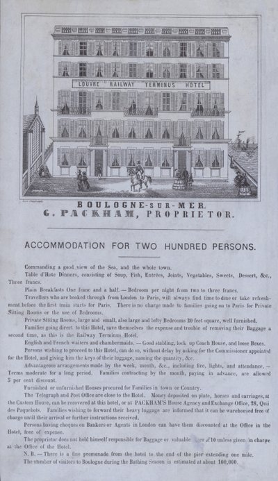 Annonce for Louvre Railway Terminus Hotel, Boulogne-sur-Mer, Frankrig (litho) af French School