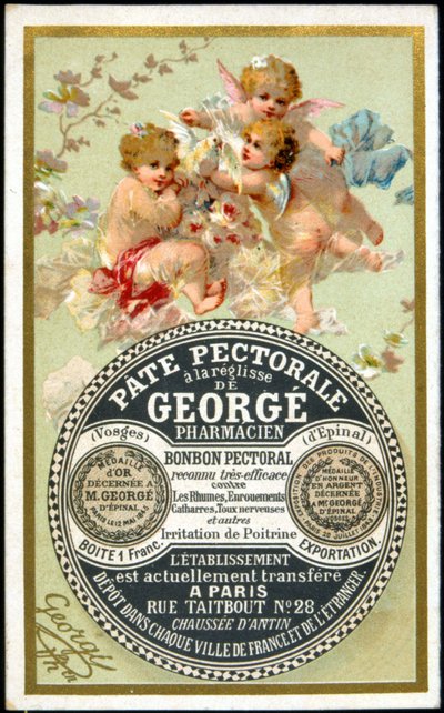 Reklamekort for brystpastaen med lakrids af Georgé Pharmacien. sd. 19. århundrede. af French School