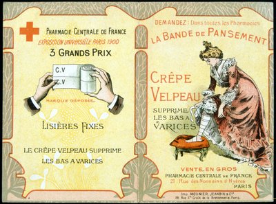 Reklamekort med "" Velpeau Crepe Dressing Band fjerner varicose strømper"". Sd. 19. århundrede. af French School