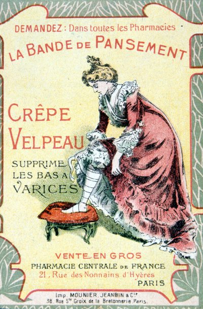 Reklamekort med "" Velpeau Crepe Dressing Band fjerner varicose strømper"". Sd. 19. århundrede. af French School