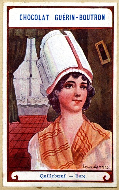 Reklamekromolitografi af chokolade Guerin Boutron, hovedbeklædningen i regionerne i Frankrig, Quillebœuf, Eure, illustration Emile Jammes (kromolitografi) af French School