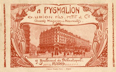 Annoncering for stormagasinet "" Stores de Nouveltes A Pygmalion""" 9 boulevard de Sebastopol i Paris. af French School