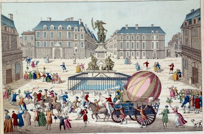 Aerostat: det andet forsøg på at flyve på en ballon. Hele Charles og Roberts aerostatiske klode i Paris, efter en tur på en brintgasballon, den 02/12/1783. Anonymt 1700-tals tryk. Paris, dekorativ kunst af French School