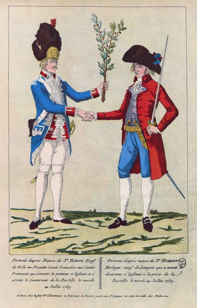 Portræt efter naturen af Sieur Harne, grenadier, og Sieur Humbert, urmager. De var de første mænd, der blev angrebet under erobringen af Bastillen den 14. juli 1789. Stik fra 1790. af French School