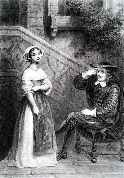 Agnes med sin værge Arnolphe, fra The School for Wives, af Moliere af French School