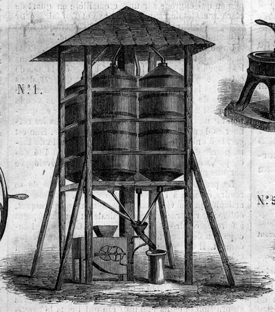 Landbrugsmaskine: et konservativt loft til hvede præsenteret på landbrugsudstillingen i 1860 i Paris. Indgravering i "" Le Monde Illustré"" nr. 168 af 30. juni af French School