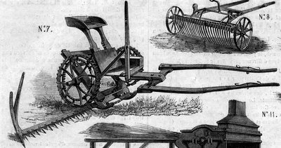 Landbrugsmaskine: en amerikansk høstklipper præsenteret ved landbrugskonkurrencen i Paris i 1860. Indgravering i "" Le Monde Illustré"" nr. 169 af 7. juli 1860. af French School