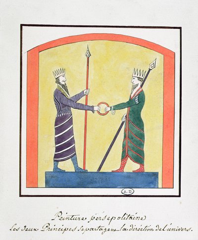 Ahura Mazda og Angra Mainyu bestrider verden, kopi af en frise fra Persepolis af French School