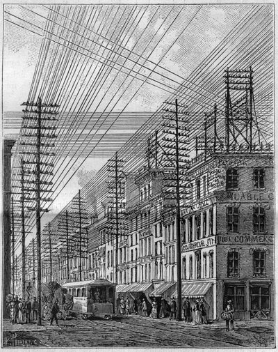 Air elektriske ledninger, i Philadelphia (USA), hjørnet af Chestnut Street og tredje gade. Indgravering i "" La Nature. Revue des sciences et de ses applications aux arts et a l