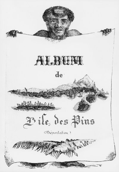Album af Isle of Pines, Ny Kaledonien, deportation, illustration på forsiden, 1877 (bw litho) af French School