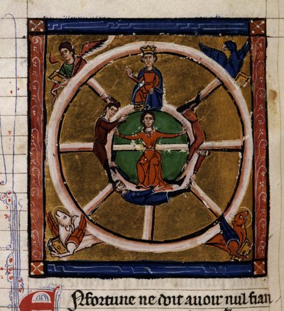 Alexander III Den Store (356-323 f.Kr.), der sidder på Lykkehjulet, omgiver Tetramorfen. Miniature af manuskriptet "Histoire ancienne à la Cesar", omkring 1260-1270 skrevet af en kontorist i tjeneste ved hoffet til Roger IV, Chatelain af Lille (120) af French School