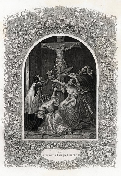 Alexander VII (Alexander eller Alessandro) (pave 1655 til 1667) ved Kristi fod. Gravering til illustration af Histoire des popes af Maurice Lachatre (1814-1900), librairie du progres, Paris. af French School