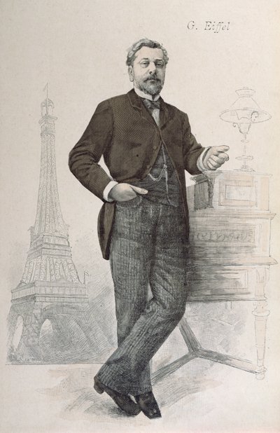 Alexandre Gustave Eiffel poserer ved sit skrivebord med en tegning af Tour Eiffel, illustration fra La Revue Illustree, 1888 af French School