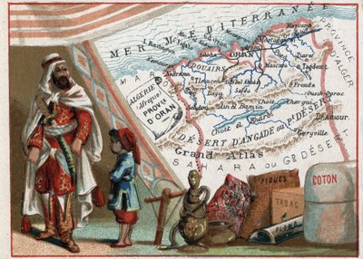 Algeriet i Afrika og provinsen Oran, Frankrig. Serie om de franske departementer. Import af figner, bomuld, tobak, agathe og bly. Chromolithography (Chromo) "" den geografiske tråd"", ca. 1920. Privat samling. af French School