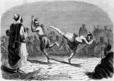 Algerisk skik: Arabisk dans. Tegning af Mr. Rigo, baseret på en skitse af Mr. Ameler, bataljonsleder. Indgravering i "" Le Monde Illustré"" nr. 86 af 11. december 1858. af French School