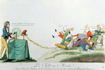 Alle falder ned, elektriciteten genereret af erklæringen om menneskets rettigheder under den franske revolution vælter Europas troner og monarker, ca. 1793 af French School