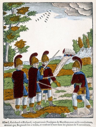 Allard, Guichard og Richard, der ser Coots of Morillon komme med tusinde krigere, tror, at Regnaut forrådte dem, og ønsker at dræbe ham på Vaucouleurs sletter. Billede af Epinal fra 1825, der viser en scene af det episke digt fra slutningen af 1. af French School