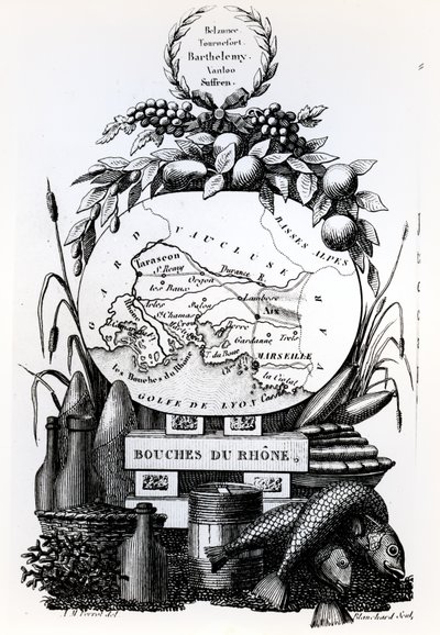 Allegorisk kort over Bouches-du-Rhone-afdelingen, ca. 1830 af French School