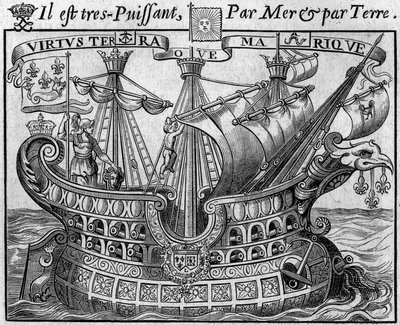 Allegori om fransk magt: "Statens skib", symbol på Frankrig, minder også om våben i byen Paris. Uddrag fra "Livre des monnoyes etrangeres ou le grand banker de France" (1687) af Francois Barreme (1638-1703), fransk matematiker. Eng af French School