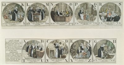 Alfabet grundbog, der viser værket af Sisters of Charity, begyndelsen af det nittende århundrede (farvegravering) af French School