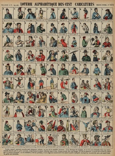 Alfabetisk lotteri på hundrede karikaturer (farvet indgravering) af French School