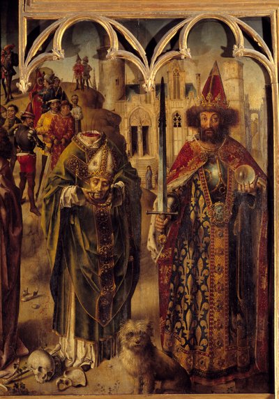 Altertavle af parlamentet i Paris: detalje af den højre del, der repræsenterer den kristne martyr Saint Denis af Paris (3. århundrede) er halshugget og holder hans hoved i hænderne, ved siden af ham kejser Karl den Store (742-814) som en byzantinsk kejser. af French School