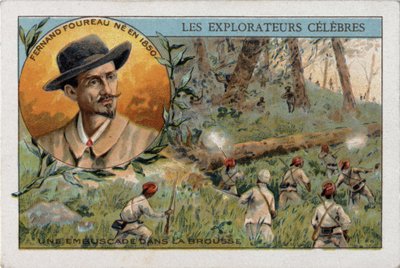 Baghold i den afrikanske bush under en ekspedition af den franske opdagelsesrejsende Frenand Fourreau (1850 - 1914). Kromolitografi af det 19. århundrede. af French School
