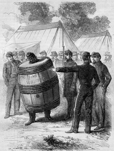 Amerikansk borgerkrig (1861-1865): afstraffelse af en beruset soldat fra den konfødererede hær. Han er iført en tøndepierce og rollator gennem lejren under andre soldaters morsomme blik. Indgravering i "" Le Monde Illustré"" nr. 276 af 26. juli 1862. af French School