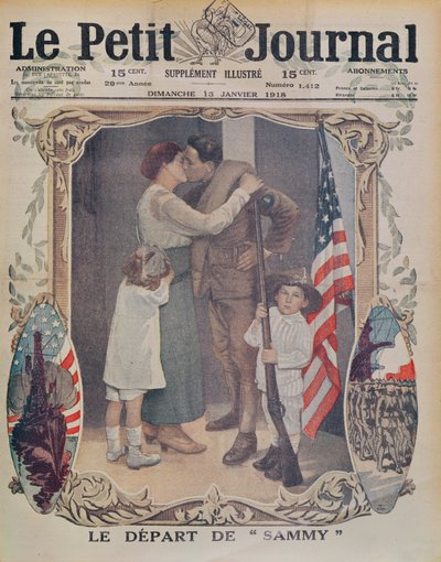 En amerikansk soldat, der rejser til Europa under 1. Verdenskrig, forsideillustration af Le Petit Journal, 13. januar 1918 af French School
