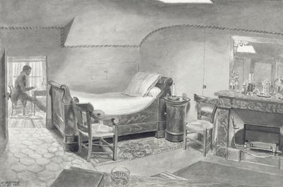 Et loftinteriør af en kunstner i Paris, ca. 1830 (pen & sepia blæk og sepia wc på papir) af French School