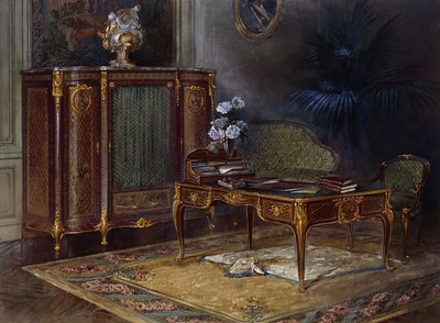 Et interiør med en Louis XV Style Ormolu-monteret og Parket Bureau Plat og Bibliotheque 43,4 cm., af French School