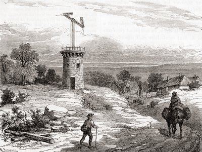 En lufttelegrafpost i det 18. århundrede, fra Les Merveilles de la Science, udgivet ca. 1870 (gravering) af French School