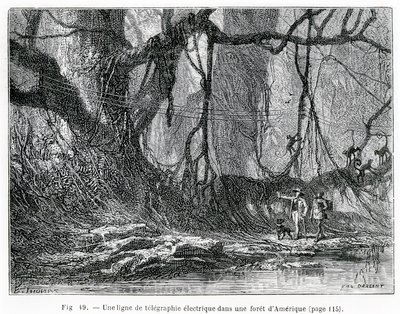 En elektrisk telegraflinje i en amerikansk skov, ca. 1870 (gravering) af French School