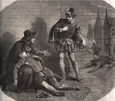 En udsending fra kongen af Frankrig Henrik III (1551-1589) blev fundet døende i Roms gader i 1582. Han bar et kompromitterende budskab fra kongen angående hans søster, Marguerite de Valois (1553-1615), kendt som dronning Margot . Stik fra 1871 i “ af French School