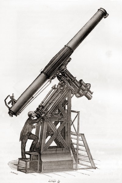 Et ækvatorialteleskop i Paris Observatory, Frankrig i det 19. århundrede, fra Les Merveilles de la Science, udgivet ca. 1870 (gravering) af French School