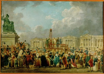 En henrettelse på Place de la Revolution, den tidligere Louis XV-plads, nu Place de la Concorde, Paris ... (olie på træ) af French School