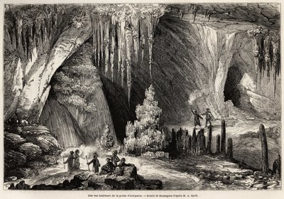 Et indre billede af grotten i Antiparos, øen Kykladerne, tegning af Emile Rouargue (ca. 1895-1865) til illustration af E.A.Spolls besøg i grotten i Antiparos i 1859. Stik i "Le tour du monde" 1861. Selvas samling. af French School