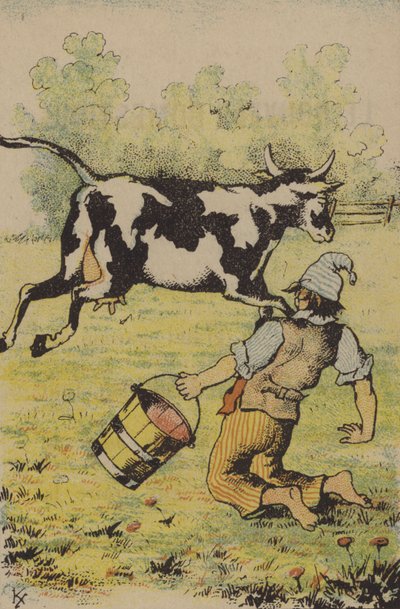 Et mislykket forsøg på at malke en ko (farve litho) af French School
