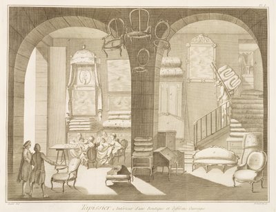 En møbelpolstrerbutik fra Encyclopedie des Sciences et Metiers af Denis Diderot (1713-84) udgivet ca. 1770 af French School