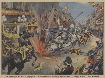 Anarkistisk bombeangreb på bryllupsoptoget mellem kong Alfonso XIII og dronning Victoria Eugenie af Battenberg i Madrid af French School